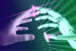 human hand on the left touching fingertips with robot hand on the right