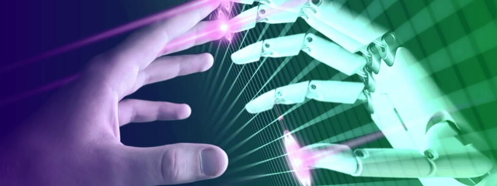 image of human hand on the left touching fingertips with a robot hand on the right