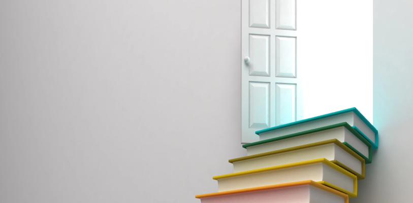 ladder made of books leading to an open window